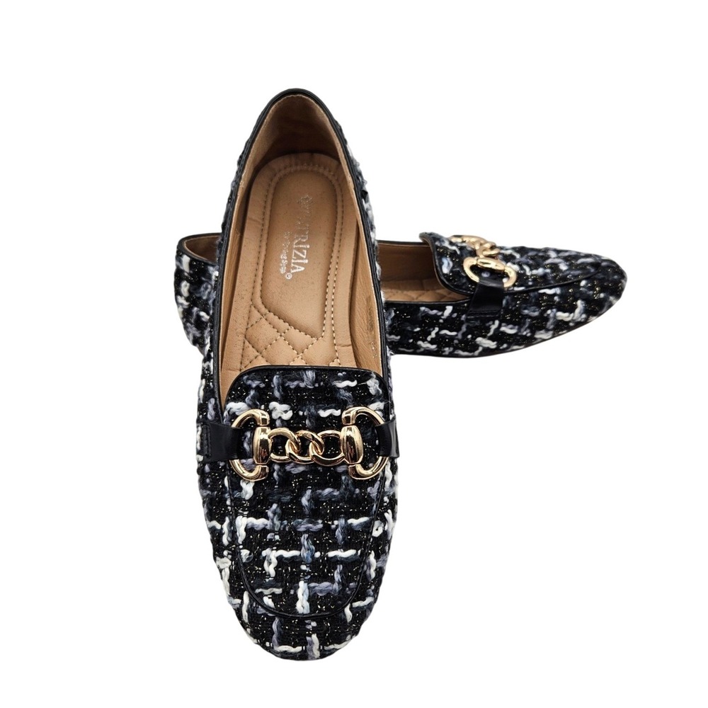 Patrizia by Spring Step KNITKNOT Black White Tweed Gold Chain Loafers Size 38 8